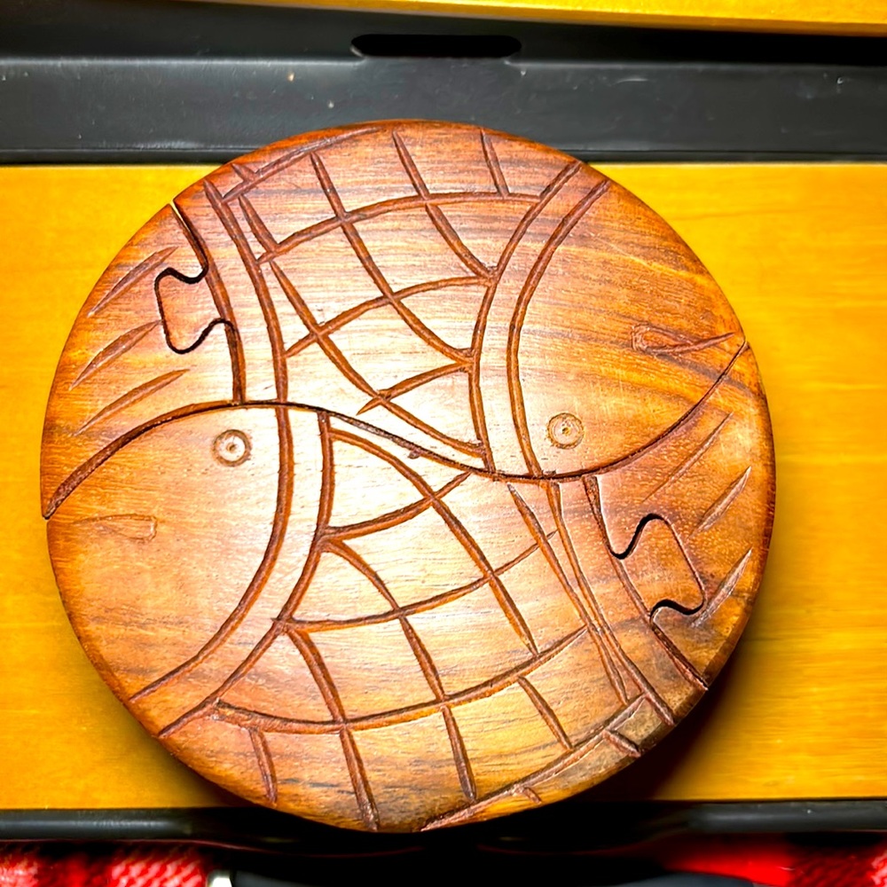 Vintage Wooden fish puzzle / Brain teaser with 2 hidden compartments inside